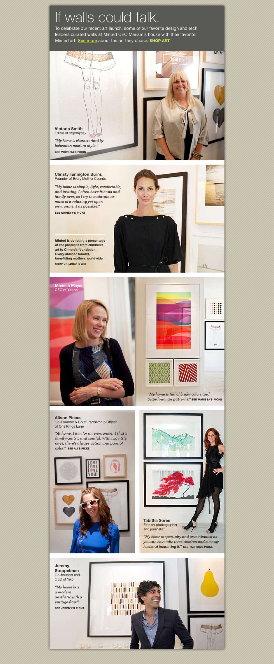 To celebrate our recent art launch, some of our favorite design and tech leaders curated walls at Minted CEO Mariam's house with their favorite Minted art.