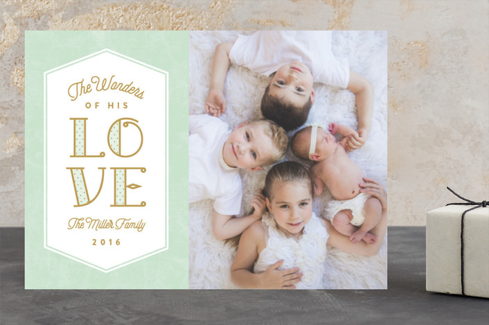 "Wonders of His Love" - Bold typographic, Modern Christmas Photo Cards in Wintermint by Erica Krystek.