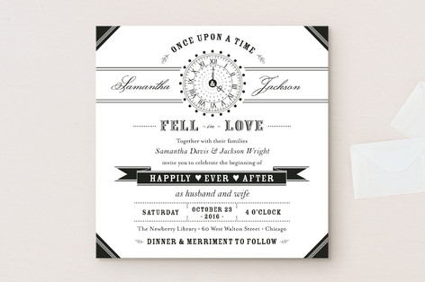 This fairytale inspired wedding invitations has an awesome vintage clock 