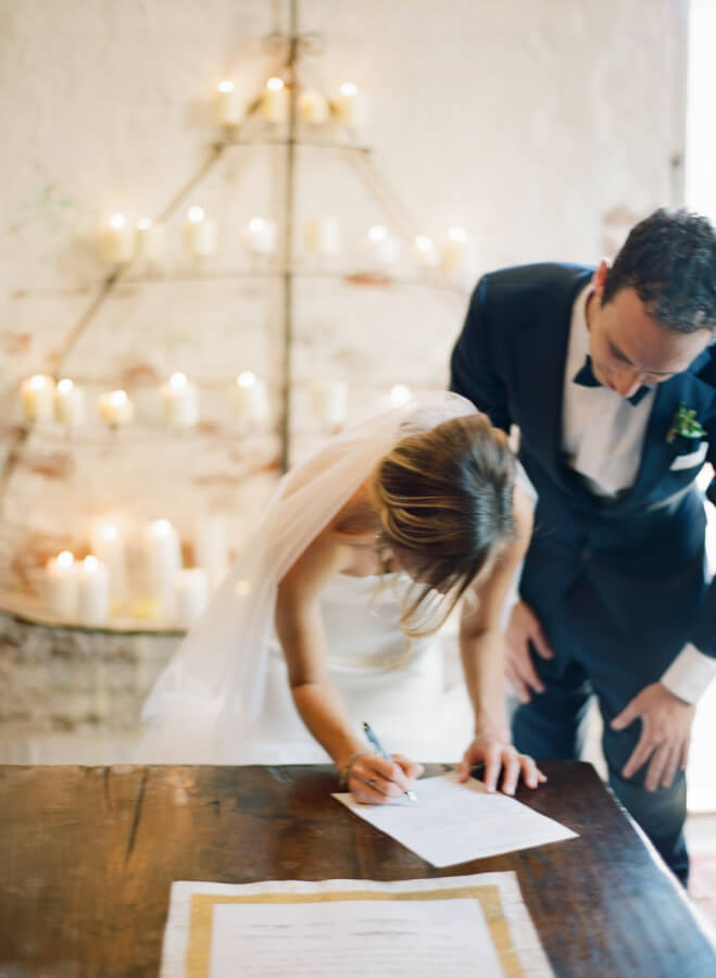 bride and groom filling out name change