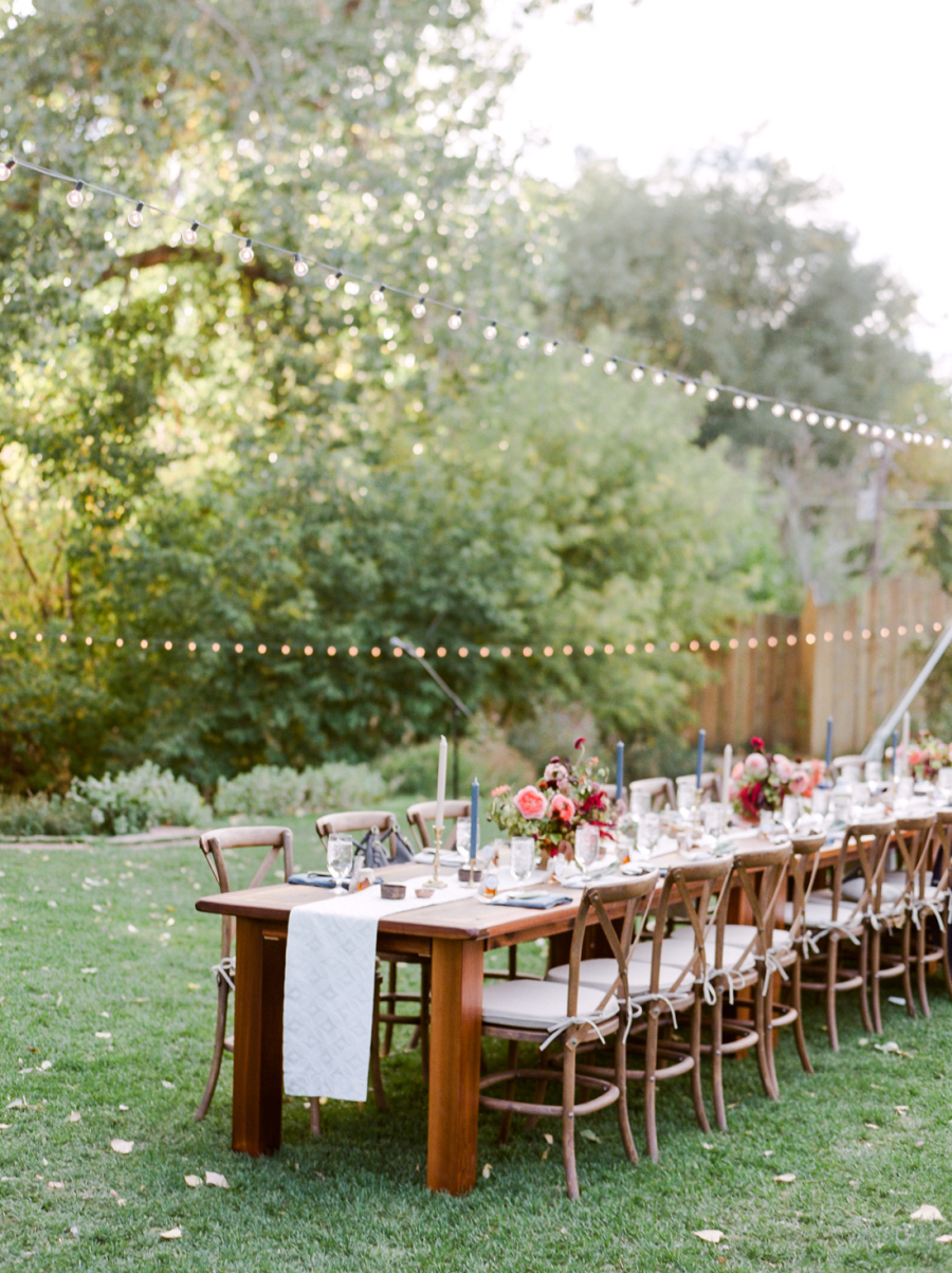 wedding dinner table set up in backyard