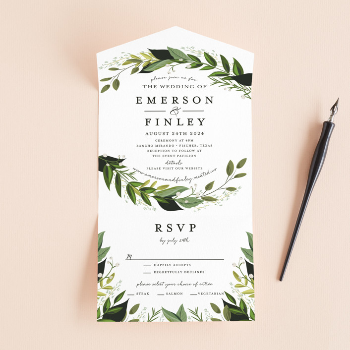 "Vines of Green" - All-in-one Wedding Invitations in Fern by Susan Moyal.