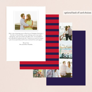 This is a navy wedding announcements with standard by Susan Brown called classic stripes and swashes printing on recycled smooth signature in standard