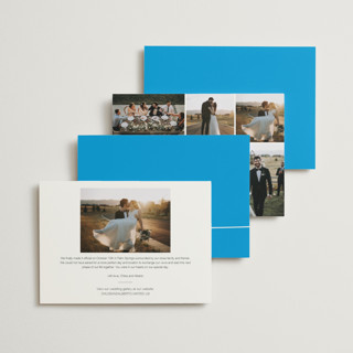 This is a blue wedding announcements with standard by R studio called the happy couple printing on signature in standard
