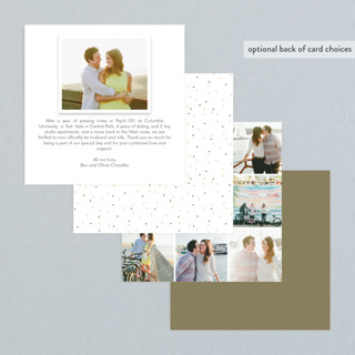 This is a warm taupe wedding announcements with standard by Three Kisses Studio called just married printing on signature in standard