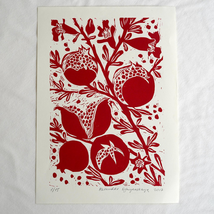Pomegranates original linocut art print