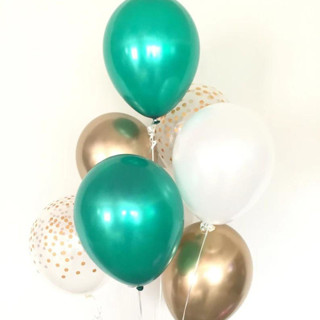 This is a green party decorations by Marci McCue called emerald green and gold balloons | set of 8 standard 11" latex balloons in standard