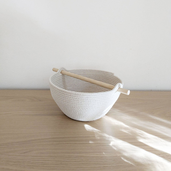 Coiled Cotton Basket with Wooden Handle, Medium