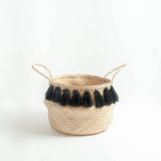 This is a black accent pieces by Powered By People called black tasseled belly baskets - medium in standard