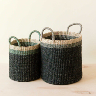This is a black accent pieces by LIKHA called black cylinder basket with handles, nested set of 2 in standard