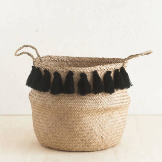 This is a black accent pieces by Powered By People called black tasseled belly baskets - large in standard