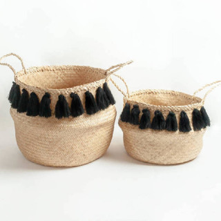This is a black accent pieces by Powered By People called black tasseled belly baskets - medium + large set in standard