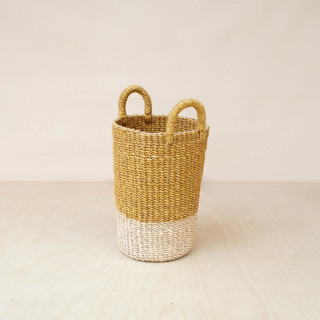 This is a yellow accent pieces by LIKHA called mustard cylinder vase basket in standard