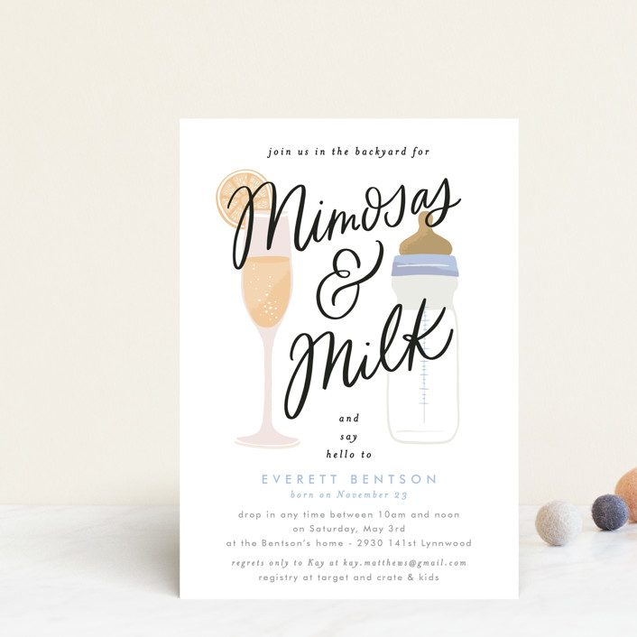 "Mimosas and Milk" - Whimsical & Funny Baby Shower Postcards in Sky by Alethea and Ruth.