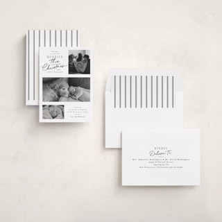 This is a snow babys first christmas with standard by Everett Paper Goods called merrier this year printing on recycled smooth signature in standard