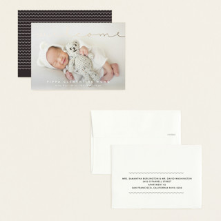 This is a cloud foil stamped birth announcements with foil pressed by Olivia Raufman called delicate welcome printing on recycled smooth signature in petite