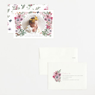 This is a rose foil stamped birth announcements with foil pressed by Morgan Ramberg called blossom baby printing on recycled smooth signature in petite