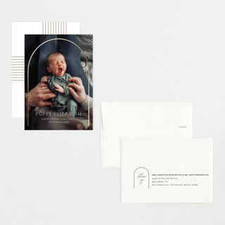 This is a linen foil stamped birth announcements with foil pressed by Erica Krystek called classic arch printing on recycled smooth signature in petite