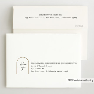 This is a linen foil stamped birth announcements with foil pressed by Erica Krystek called classic arch printing on recycled smooth signature in petite