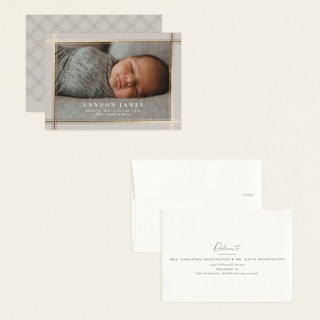 This is a clay foil stamped birth announcements with foil pressed by Robert and Stella called knit printing on signature in petite