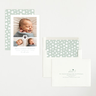This is a sage foil stamped birth announcements with foil pressed by Jen Tips called our little sweetheart printing on recycled smooth signature in standard