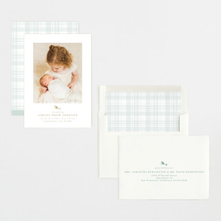 This is a mint foil stamped birth announcements with foil pressed by Carolyn Nicks called new delivery printing on recycled smooth signature in standard