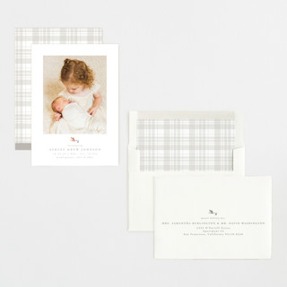 This is a stone foil stamped birth announcements with foil pressed by Carolyn Nicks called new delivery printing on recycled smooth signature in standard