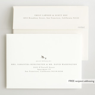This is a stone foil stamped birth announcements with foil pressed by Carolyn Nicks called new delivery printing on recycled smooth signature in standard
