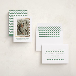 This is a clover foil stamped birth announcements with foil pressed by Megan Davis called ric rac printing on recycled smooth signature in standard