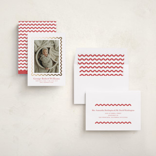 This is a cinnabar foil stamped birth announcements with foil pressed by Megan Davis called ric rac printing on recycled smooth signature in standard
