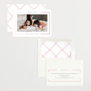 This is a rose foil stamped birth announcements with foil pressed by Kelly Schmidt called elegant frame printing on recycled smooth signature in standard