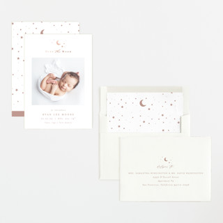 This is a blush foil stamped birth announcements with foil pressed by AK Graphics called over the moon printing on signature in standard