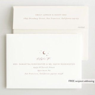 This is a blush foil stamped birth announcements with foil pressed by AK Graphics called over the moon printing on signature in standard