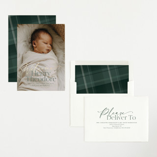 This is a forest foil stamped birth announcements with foil pressed by Jackie Crawford called scripted welcome printing on recycled smooth signature in standard