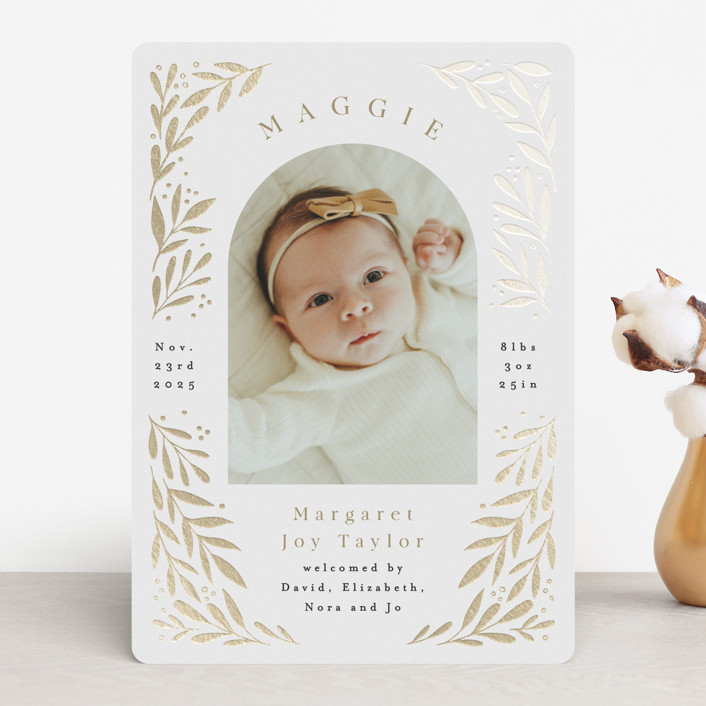 Leafy Edge Frame FoilPressed Birth Announcements by Alethea and Ruth