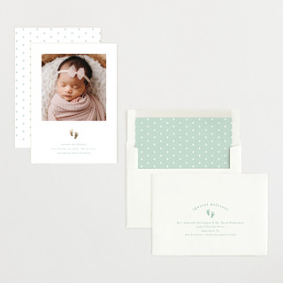 This is a mint foil stamped birth announcements with foil pressed by Melanie Kosuge called sweetness printing on recycled smooth signature in standard