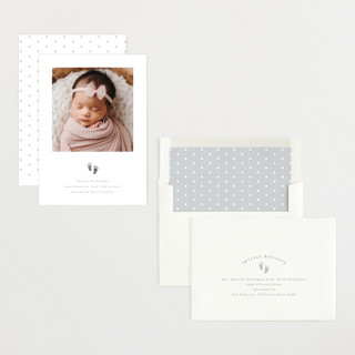 This is a stone foil stamped birth announcements with foil pressed by Melanie Kosuge called sweetness printing on recycled smooth signature in standard