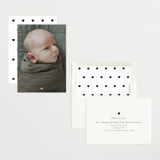 This is a noir foil stamped birth announcements with foil pressed by AK Graphics called tiny heart printing on recycled smooth signature in standard