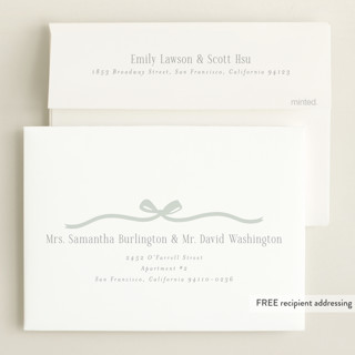 This is a aloe foil stamped birth announcements with foil pressed by Erin German called tied with a bow printing on recycled smooth signature in standard