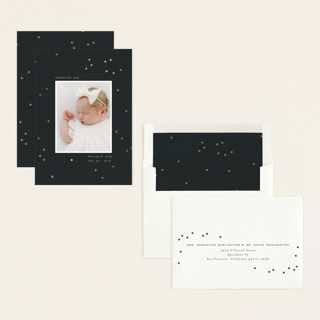 This is a midnight foil stamped birth announcements with foil pressed by Ellen Schlegelmilch called twinkly stars printing on recycled smooth signature in standard
