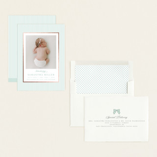 This is a seafoam foil stamped birth announcements with foil pressed by Teju Reval called minimal stripes printing on recycled smooth signature in standard