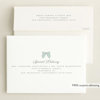 This is a seafoam foil stamped birth announcements with foil pressed by Teju Reval called minimal stripes printing on recycled smooth signature in standard