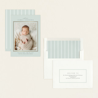 This is a pistachio foil stamped birth announcements with foil pressed by Nicole Walsh called classic border printing on recycled smooth signature in standard