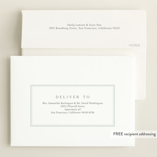 This is a pistachio foil stamped birth announcements with foil pressed by Nicole Walsh called classic border printing on recycled smooth signature in standard