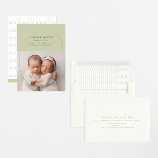 This is a sage foil stamped birth announcements with foil pressed by Stacy Maalouf called oval announcement printing on recycled smooth signature in standard