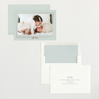 This is a aloe foil stamped birth announcements with foil pressed by Jessica Williams called ribbon wrap printing on recycled smooth signature in standard