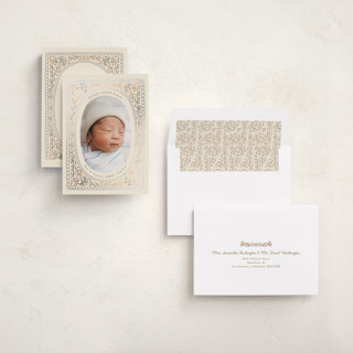 This is a ivory foil stamped birth announcements with foil pressed by Becky Nimoy called scallop watercolor printing on recycled smooth signature in standard