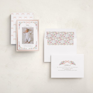 This is a blush foil stamped birth announcements with foil pressed by Itsy Belle Studio called merie printing on recycled smooth signature in standard