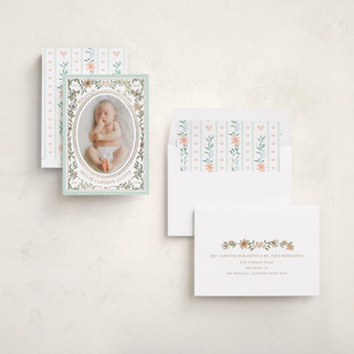 This is a turquoise foil stamped birth announcements with foil pressed by Leah Bisch called nature frame printing on recycled smooth signature in standard