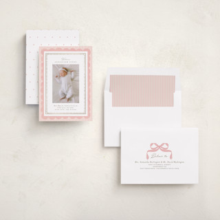 This is a blush foil stamped birth announcements with foil pressed by Itsy Belle Studio called fia printing on recycled smooth signature in standard
